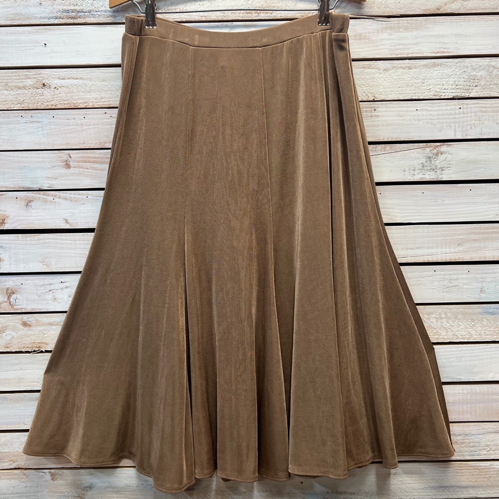 Vintage Chico's Brown Acetate Midi Trumpet Skirt Travelers Gored Flare Size 16 2 - Picture 2 of 6